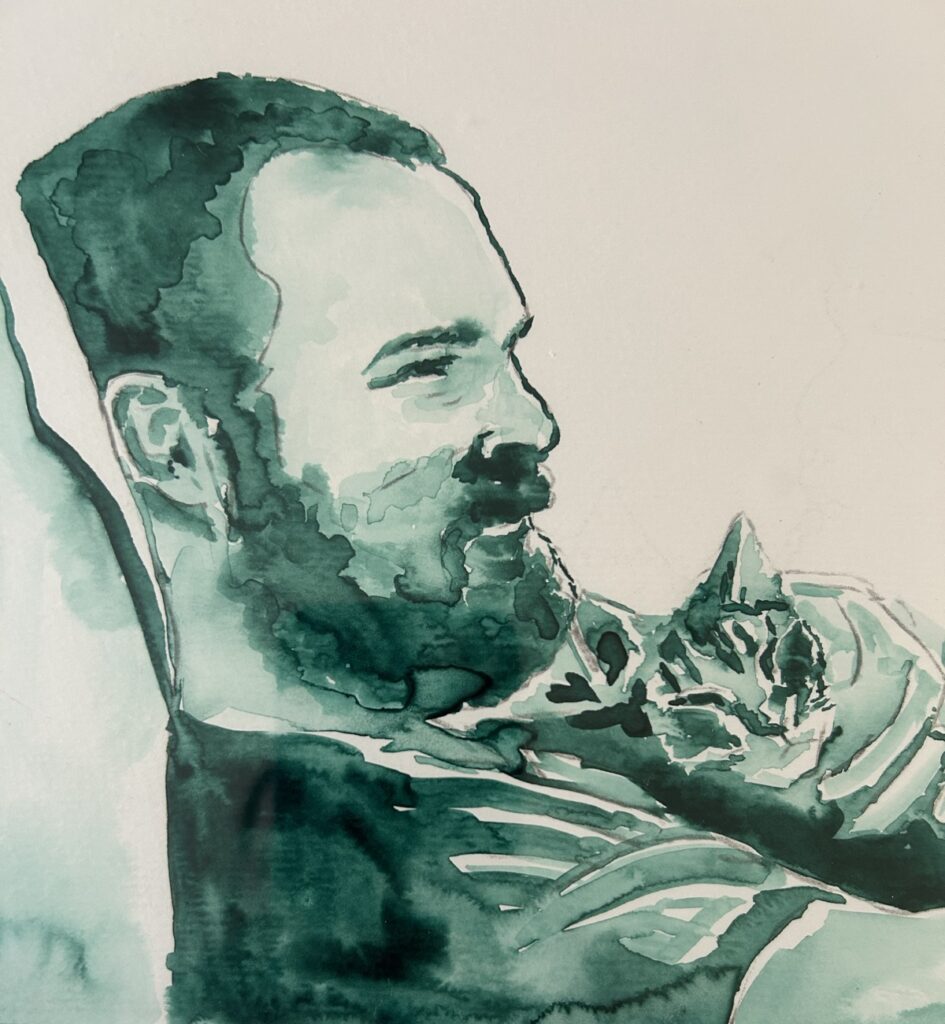 Side portrait of a man with shaved hair and a beard holding a cat, done in green ink.
