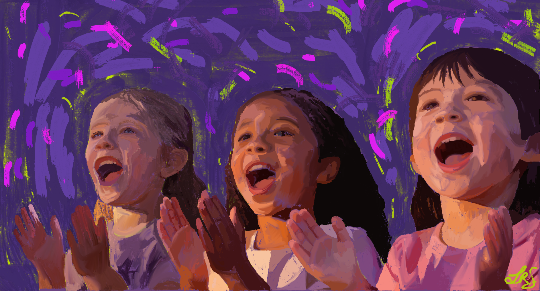 Three young children singing and clapping on a purple background with abstract lime, pink and magenta lines.