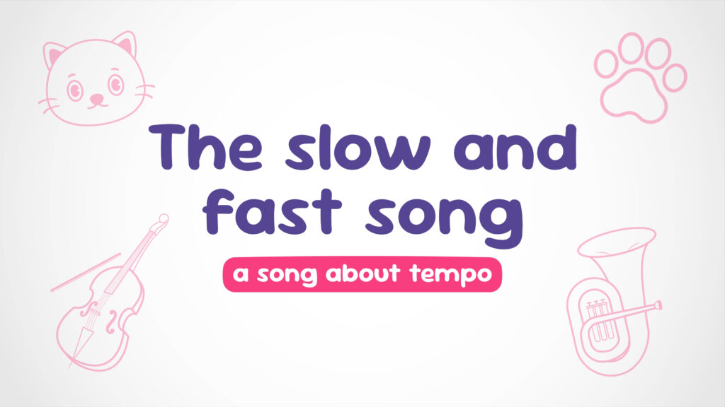 The slow and fast song (a song about temp) with an off-white background and a light pink cat''s face, paw print, cello and tuba